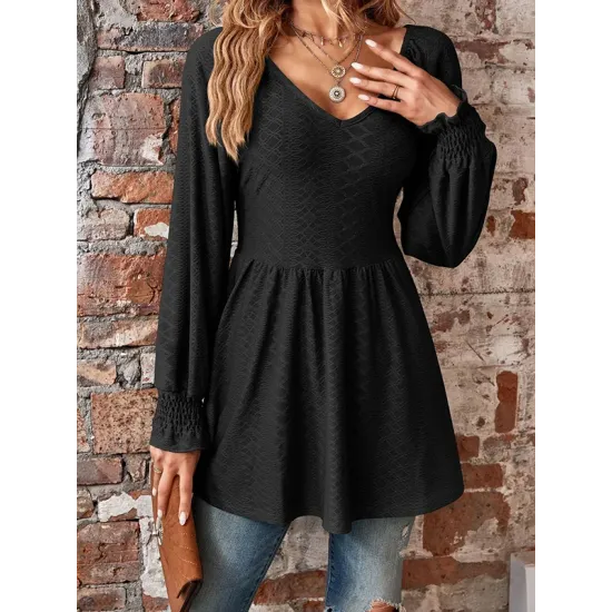 Elasticity Jacquard Pleated Solid Color Long Sleeves V-Neck T-Shirts Tops Elasticity Jacquard Pleated Solid Color Long Sleeves V-Neck T-Shirts Tops