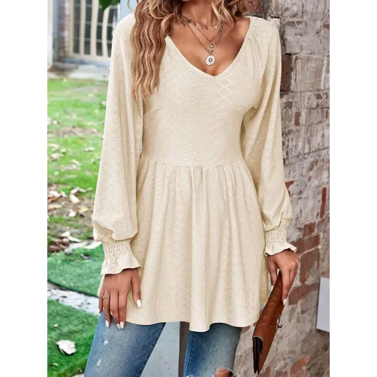 Elasticity Jacquard Pleated Solid Color Long Sleeves V-Neck T-Shirts Tops Elasticity Jacquard Pleated Solid Color Long Sleeves V-Neck T-Shirts Tops