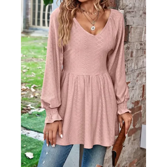 Elasticity Jacquard Pleated Solid Color Long Sleeves V-Neck T-Shirts Tops Elasticity Jacquard Pleated Solid Color Long Sleeves V-Neck T-Shirts Tops