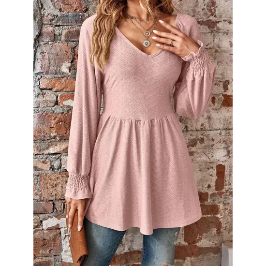 Elasticity Jacquard Pleated Solid Color Long Sleeves V-Neck T-Shirts Tops Elasticity Jacquard Pleated Solid Color Long Sleeves V-Neck T-Shirts Tops
