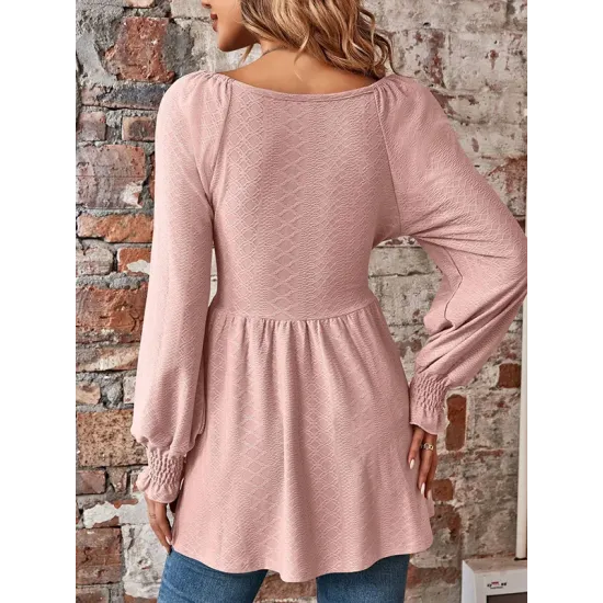 Elasticity Jacquard Pleated Solid Color Long Sleeves V-Neck T-Shirts Tops Elasticity Jacquard Pleated Solid Color Long Sleeves V-Neck T-Shirts Tops