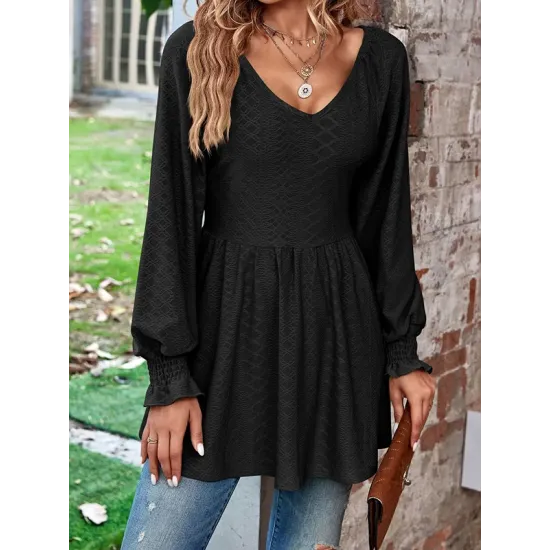 Elasticity Jacquard Pleated Solid Color Long Sleeves V-Neck T-Shirts Tops Elasticity Jacquard Pleated Solid Color Long Sleeves V-Neck T-Shirts Tops