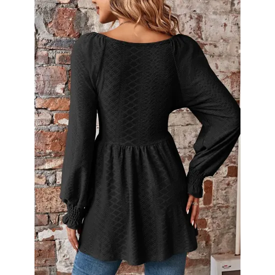 Elasticity Jacquard Pleated Solid Color Long Sleeves V-Neck T-Shirts Tops Elasticity Jacquard Pleated Solid Color Long Sleeves V-Neck T-Shirts Tops