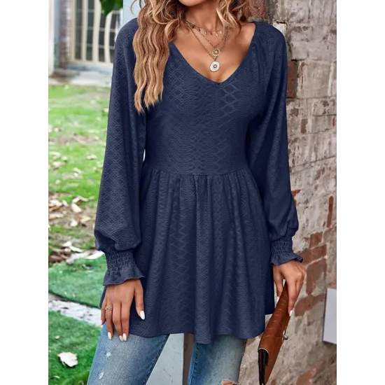 Elasticity Jacquard Pleated Solid Color Long Sleeves V-Neck T-Shirts Tops Elasticity Jacquard Pleated Solid Color Long Sleeves V-Neck T-Shirts Tops
