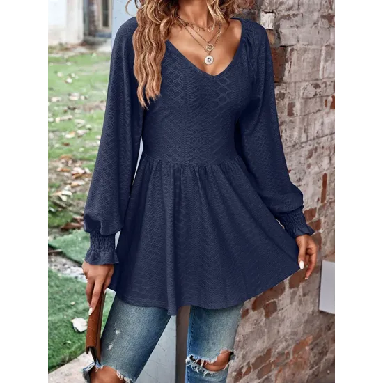 Elasticity Jacquard Pleated Solid Color Long Sleeves V-Neck T-Shirts Tops Elasticity Jacquard Pleated Solid Color Long Sleeves V-Neck T-Shirts Tops