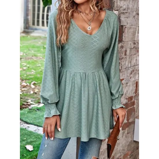 Elasticity Jacquard Pleated Solid Color Long Sleeves V-Neck T-Shirts Tops Elasticity Jacquard Pleated Solid Color Long Sleeves V-Neck T-Shirts Tops