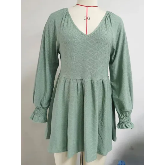 Elasticity Jacquard Pleated Solid Color Long Sleeves V-Neck T-Shirts Tops Elasticity Jacquard Pleated Solid Color Long Sleeves V-Neck T-Shirts Tops