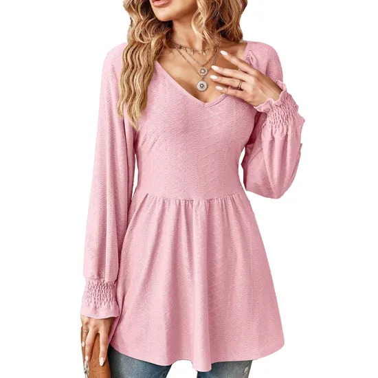 Elasticity Jacquard Pleated Solid Color Long Sleeves V-Neck T-Shirts Tops Elasticity Jacquard Pleated Solid Color Long Sleeves V-Neck T-Shirts Tops