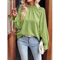 Elasticity Ruffled Solid Color Long Sleeves Ruffle Sleeves Mock Neck T-Shirts Tops
