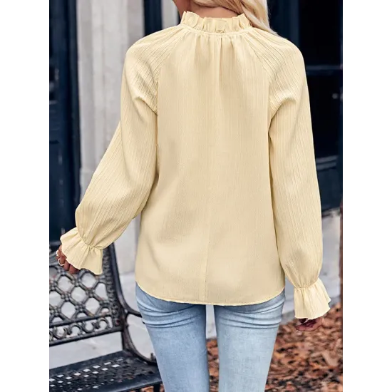 Elasticity Ruffled Solid Color Long Sleeves Ruffle Sleeves Mock Neck T-Shirts Tops Elasticity Ruffled Solid Color Long Sleeves Ruffle Sleeves Mock Neck T-Shirts Tops