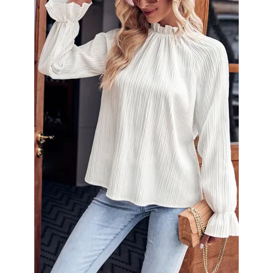 Elasticity Ruffled Solid Color Long Sleeves Ruffle Sleeves Mock Neck T-Shirts Tops Elasticity Ruffled Solid Color Long Sleeves Ruffle Sleeves Mock Neck T-Shirts Tops