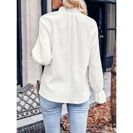 Elasticity Ruffled Solid Color Long Sleeves Ruffle Sleeves Mock Neck T-Shirts Tops Elasticity Ruffled Solid Color Long Sleeves Ruffle Sleeves Mock Neck T-Shirts Tops