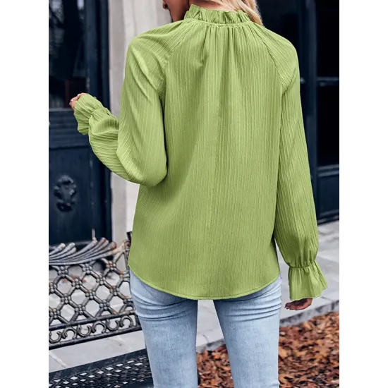 Elasticity Ruffled Solid Color Long Sleeves Ruffle Sleeves Mock Neck T-Shirts Tops Elasticity Ruffled Solid Color Long Sleeves Ruffle Sleeves Mock Neck T-Shirts Tops