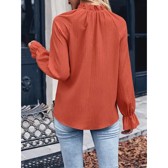 Elasticity Ruffled Solid Color Long Sleeves Ruffle Sleeves Mock Neck T-Shirts Tops Elasticity Ruffled Solid Color Long Sleeves Ruffle Sleeves Mock Neck T-Shirts Tops