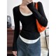 Contrast Color False Two Long Sleeves Round-Neck T-Shirts Tops Contrast Color False Two Long Sleeves Round-Neck T-Shirts Tops