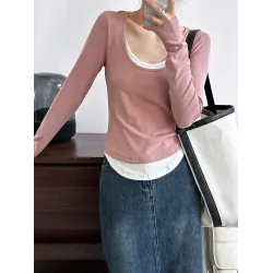 Contrast Color False Two Long Sleeves Round-Neck T-Shirts Tops