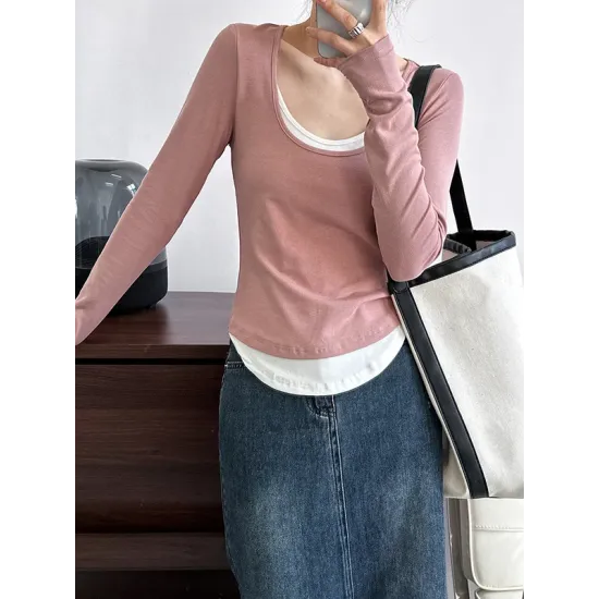 Contrast Color False Two Long Sleeves Round-Neck T-Shirts Tops Contrast Color False Two Long Sleeves Round-Neck T-Shirts Tops