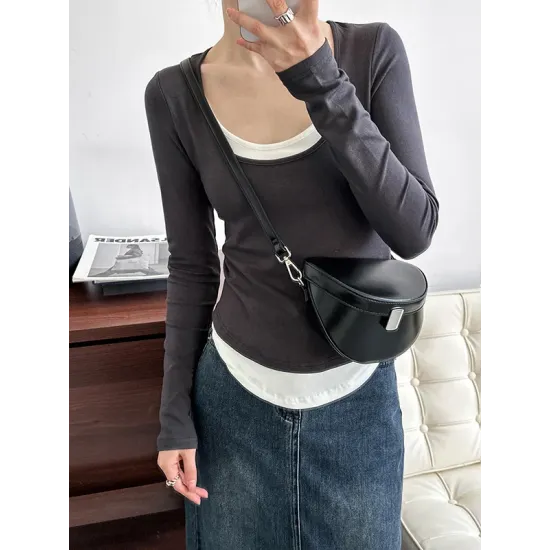 Contrast Color False Two Long Sleeves Round-Neck T-Shirts Tops Contrast Color False Two Long Sleeves Round-Neck T-Shirts Tops