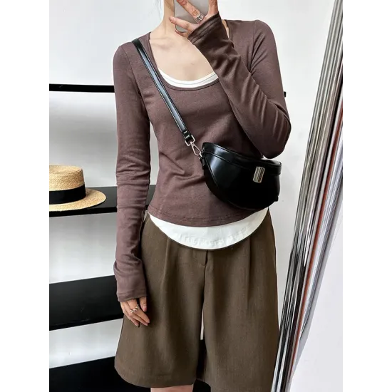 Contrast Color False Two Long Sleeves Round-Neck T-Shirts Tops Contrast Color False Two Long Sleeves Round-Neck T-Shirts Tops