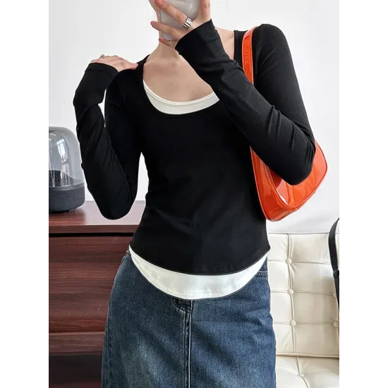 Contrast Color False Two Long Sleeves Round-Neck T-Shirts Tops Contrast Color False Two Long Sleeves Round-Neck T-Shirts Tops