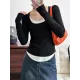 Contrast Color False Two Long Sleeves Round-Neck T-Shirts Tops Contrast Color False Two Long Sleeves Round-Neck T-Shirts Tops