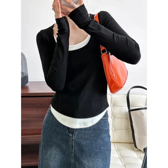 Contrast Color False Two Long Sleeves Round-Neck T-Shirts Tops Contrast Color False Two Long Sleeves Round-Neck T-Shirts Tops
