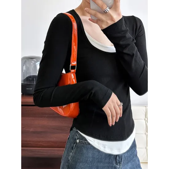 Contrast Color False Two Long Sleeves Round-Neck T-Shirts Tops Contrast Color False Two Long Sleeves Round-Neck T-Shirts Tops