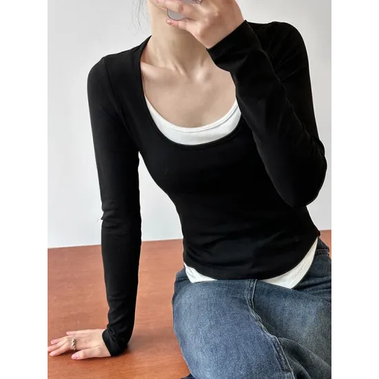 Contrast Color False Two Long Sleeves Round-Neck T-Shirts Tops Contrast Color False Two Long Sleeves Round-Neck T-Shirts Tops
