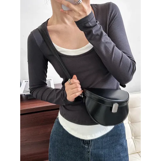 Contrast Color False Two Long Sleeves Round-Neck T-Shirts Tops Contrast Color False Two Long Sleeves Round-Neck T-Shirts Tops