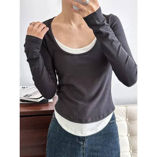 Contrast Color False Two Long Sleeves Round-Neck T-Shirts Tops Contrast Color False Two Long Sleeves Round-Neck T-Shirts Tops