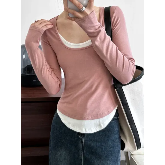 Contrast Color False Two Long Sleeves Round-Neck T-Shirts Tops Contrast Color False Two Long Sleeves Round-Neck T-Shirts Tops