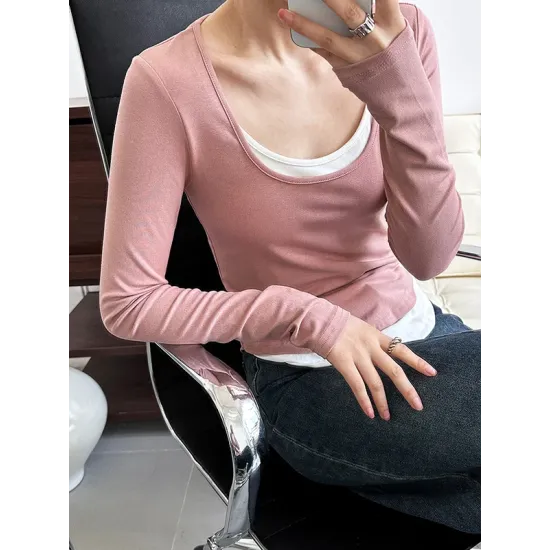Contrast Color False Two Long Sleeves Round-Neck T-Shirts Tops Contrast Color False Two Long Sleeves Round-Neck T-Shirts Tops