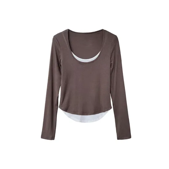 Contrast Color False Two Long Sleeves Round-Neck T-Shirts Tops Contrast Color False Two Long Sleeves Round-Neck T-Shirts Tops