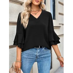 Solid Color Half Sleeves Loose V-Neck T-Shirts Tops