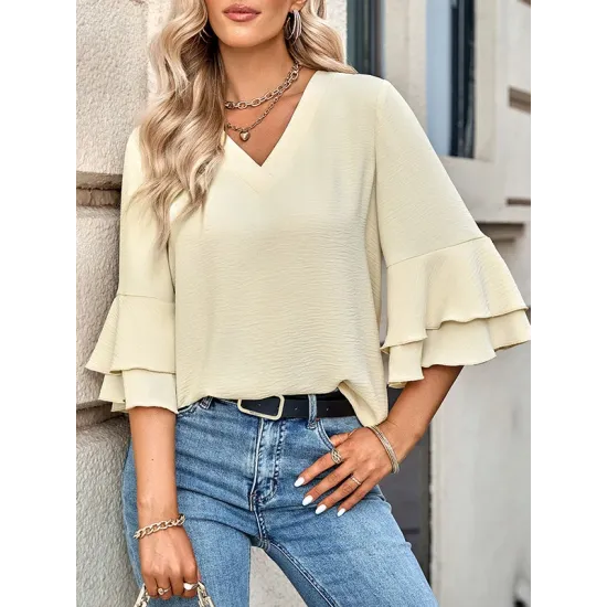 Solid Color Half Sleeves Loose V-Neck T-Shirts Tops Solid Color Half Sleeves Loose V-Neck T-Shirts Tops