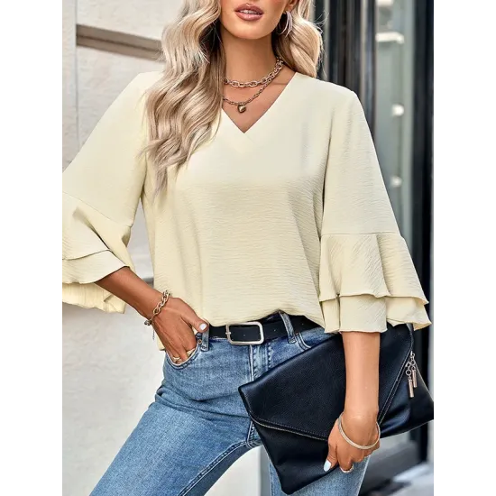 Solid Color Half Sleeves Loose V-Neck T-Shirts Tops Solid Color Half Sleeves Loose V-Neck T-Shirts Tops