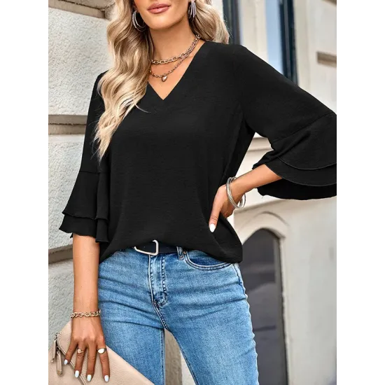 Solid Color Half Sleeves Loose V-Neck T-Shirts Tops Solid Color Half Sleeves Loose V-Neck T-Shirts Tops