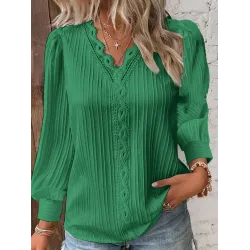 Hollow Solid Color Long Sleeves Loose V-Neck T-Shirts