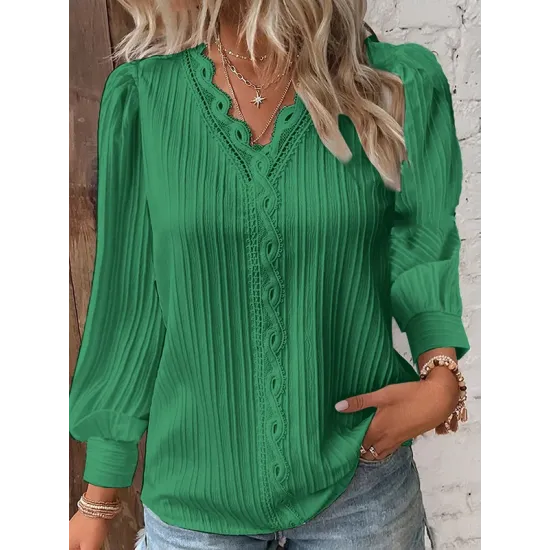 Hollow Solid Color Long Sleeves Loose V-Neck T-Shirts Hollow Solid Color Long Sleeves Loose V-Neck T-Shirts