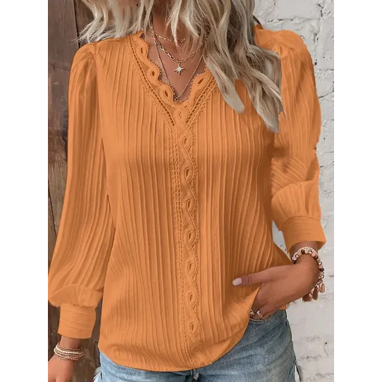 Hollow Solid Color Long Sleeves Loose V-Neck T-Shirts Hollow Solid Color Long Sleeves Loose V-Neck T-Shirts