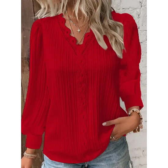 Hollow Solid Color Long Sleeves Loose V-Neck T-Shirts Hollow Solid Color Long Sleeves Loose V-Neck T-Shirts