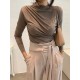 Pleated Solid Color Long Sleeves Skinny Mock Neck T-Shirts Tops Pleated Solid Color Long Sleeves Skinny Mock Neck T-Shirts Tops