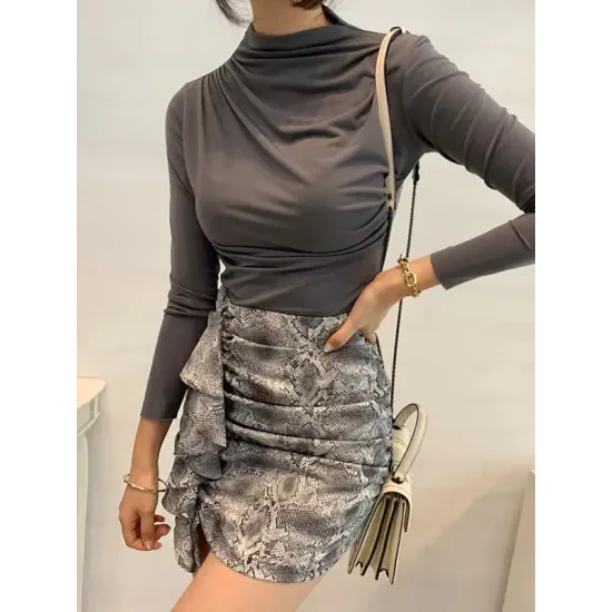 Pleated Solid Color Long Sleeves Skinny Mock Neck T-Shirts Tops Pleated Solid Color Long Sleeves Skinny Mock Neck T-Shirts Tops