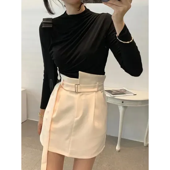 Pleated Solid Color Long Sleeves Skinny Mock Neck T-Shirts Tops Pleated Solid Color Long Sleeves Skinny Mock Neck T-Shirts Tops