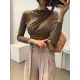 Pleated Solid Color Long Sleeves Skinny Mock Neck T-Shirts Tops Pleated Solid Color Long Sleeves Skinny Mock Neck T-Shirts Tops