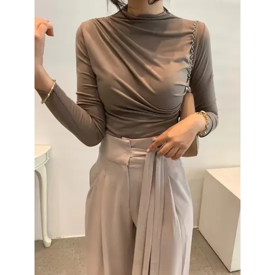 Pleated Solid Color Long Sleeves Skinny Mock Neck T-Shirts Tops Pleated Solid Color Long Sleeves Skinny Mock Neck T-Shirts Tops