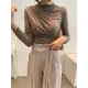 Pleated Solid Color Long Sleeves Skinny Mock Neck T-Shirts Tops Pleated Solid Color Long Sleeves Skinny Mock Neck T-Shirts Tops