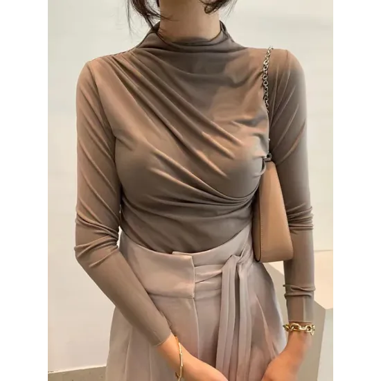Pleated Solid Color Long Sleeves Skinny Mock Neck T-Shirts Tops Pleated Solid Color Long Sleeves Skinny Mock Neck T-Shirts Tops