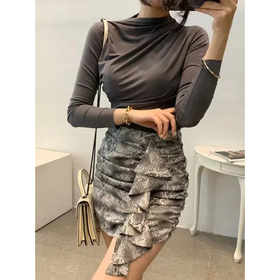 Pleated Solid Color Long Sleeves Skinny Mock Neck T-Shirts Tops Pleated Solid Color Long Sleeves Skinny Mock Neck T-Shirts Tops