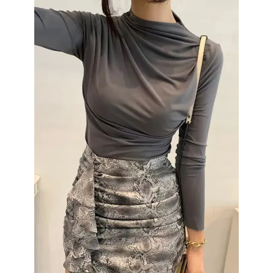 Pleated Solid Color Long Sleeves Skinny Mock Neck T-Shirts Tops Pleated Solid Color Long Sleeves Skinny Mock Neck T-Shirts Tops